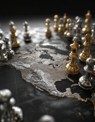 Strategic chess pieces strategically positioned on a world map, showcasing a captivating interplay of gold and silver tones.
