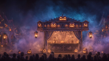 Spooky halloween shooting gallery booth with pumpkins as targets, glowing lanterns and fog. halloween shooting gallery, spooky carnival booth, haunted halloween fair, october festi