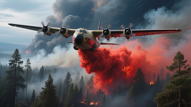 Abstract wide-angle shot of firefighting jet releasing red retardant over burning forest.