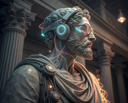 Ancient roman statue with futuristic cybernetic implants and glowing lights