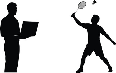 Silhouette vector of a man working on laptop and another playing badminton symbolizing balance between digital work and physical activity.