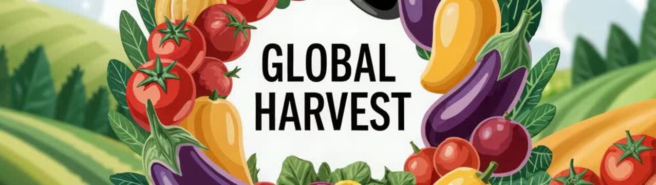 Freshly picked vegetables forming a frame around words global harvest with rolling green hills in the background.