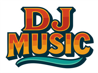 Vintage style DJ MUSIC typography design with bold retro letters, gradient colors, and decorative wave element on beige background.