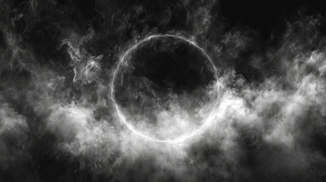 Creepy swirling smoke rising with circular empty space in the middle, black horror backdrop for Halloween party design.alloween fog, smoke background, spooky halloween backdrop, ee