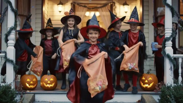 A joyful group of young children dressed as witches gather on a decorated porch, eagerly holding their trick-or-treat bags on a festive Halloween night