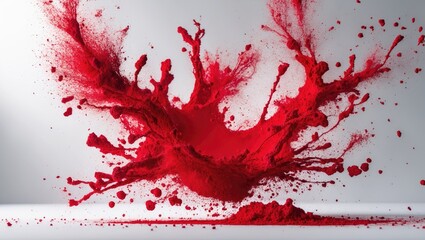 Red paint splash on white surface with dynamic movement and energy. Abstract art and creativity. The concept of expression and artistic exploration.