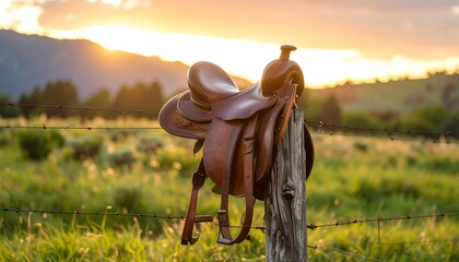 A leather saddle rests on a rustic wooden fence post in a grassy field at sunset.  Golden light bathes the scene