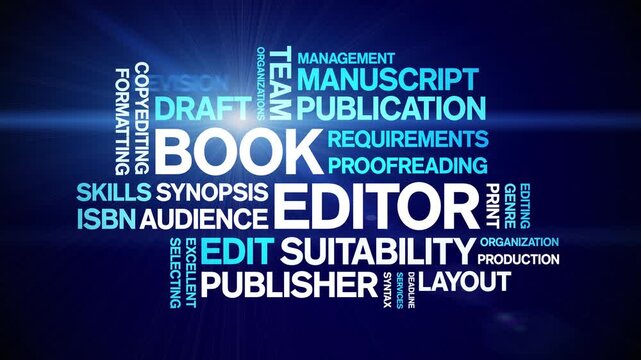 Book Editor animated word cloud-text design animation tag kinetic typography seamless loop.