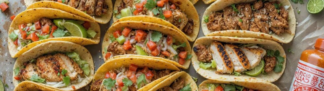 Overhead view of a variety of delicious tacos, featuring both chicken and carnitas, garnished with fresh cilantro, lime wedges, and bottle of hot sauce.