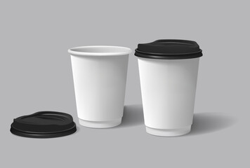 Coffee cup white with black lid vector. Template for cafes, design of the restaurant's corporate style. White cardboard coffee cup Mockup. Template disposable plastic and paperware for hot drinks
