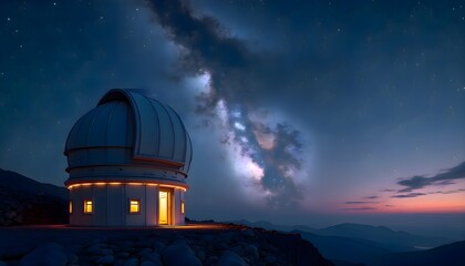 Obraz premium Large telescope sitting on top of a mountain, showing detailed structure, lens reflections, and scenic environment suitable for astronomy, scientific, or landscape visual concepts