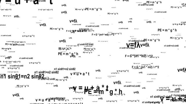 Fundamental Physics Equations: A Visual Compendium of Core Concepts in Mechanics, Optics, and Energy,Gravitational Force and Kinematics Equations,  A Scatter of Fundamental Physics and Math Equations.