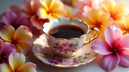 Fototapeta premium Elegant porcelain teacup filled with coffee surrounded by vibrant tropical flowers
