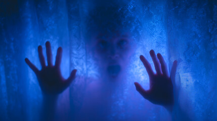 Creepy silhouette of face and hands pressing through fabric wall, screaming expression creating eerie horror effecthorror silhouette, scary face, hands pressing wall, scream, spook