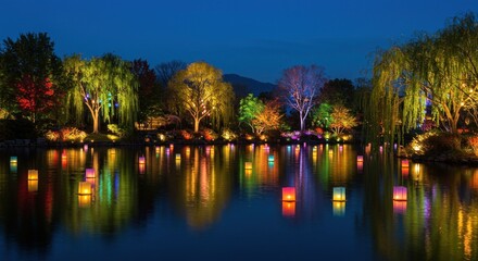 Colorful garden at night, lanterns on pond