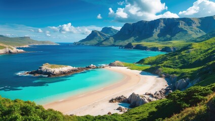Obraz premium A scenic view of a coastal landscape with a turquoise beach, green hills, and mountains under a partly cloudy sky.