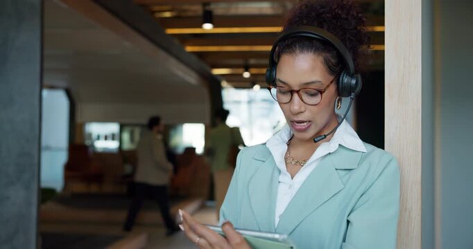 Headset, tablet and businesswoman in office with plan for company occasion with vendor contact. Digital technology, mic and female event coordinator with communication for schedule in workplace.