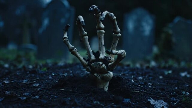 A skeletal hand emerges from dark soil in a graveyard with tombstones blurred in the background