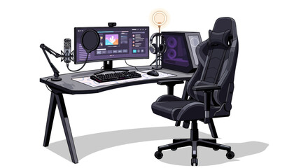 Modern Gaming Setup with Computer, Microphone, and Ergonomic Chair.