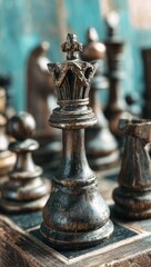 Close-up view of a dark wooden chess queen piece, featuring intricate details on its crown and base, standing on a rich-toned wooden chessboard.