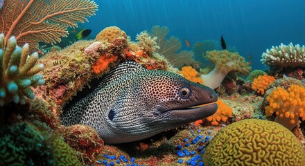 Speckled Moray Eel in Vibrant Coral Reef: Underwater Majesty