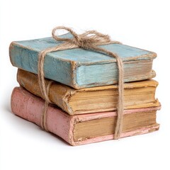 Stack of antique books, tied with twine, on white background