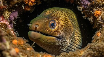 Spotted Moray Eel Portrait: Close-Up of a Marine Predator in Coral Reef Cave