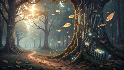 Enchanted forest path with glowing circuit board tree and falling leaves