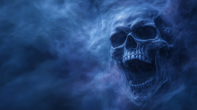 Dark spooky skull with open mouth surrounded by fog and smoke, gothic horror halloween aesthetic. halloween skull, scary skull, horror skull face, spooky fog, gothic skull art, eer