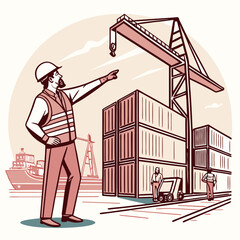 Dockworker Supervising Cargo Container Loading at the Port
