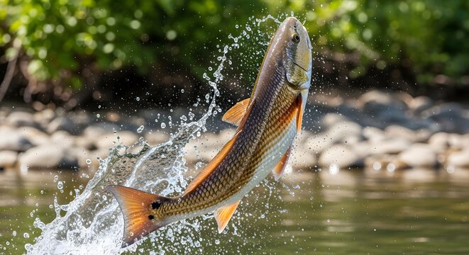 Redfish Jumping Out of River Water