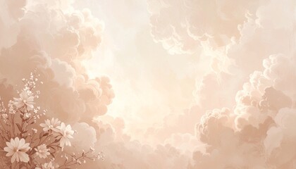 Ethereal background featuring gentle clouds in peach tones and delicate blossoms.