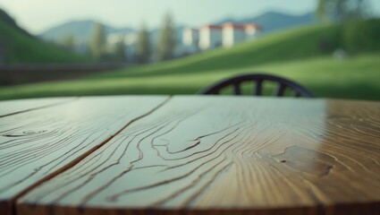 A wooden table with a scenic golf course in the background, featuring green grass, trees, and mountains, with a blurred sky.