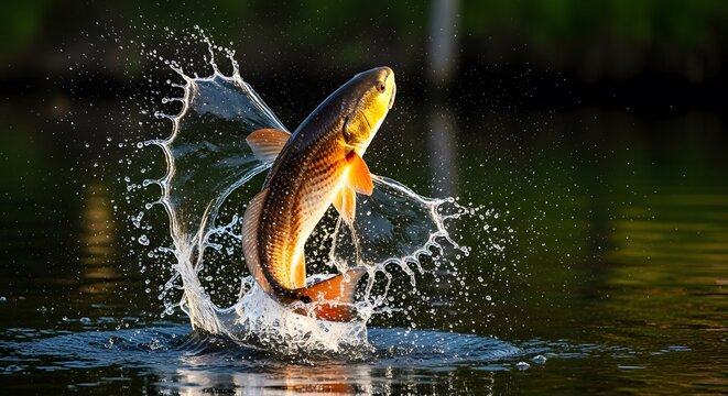 Redfish Jumping Out of River Water