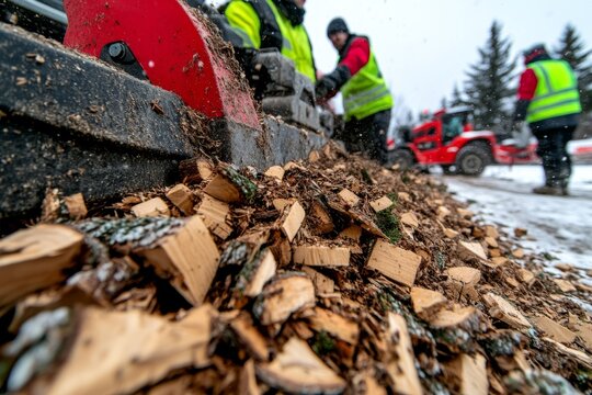 Workers recycling Christmas trees. Generative AI