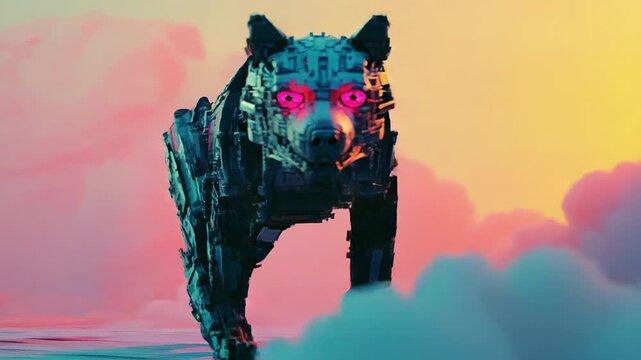 Robotic wolf walking in a surreal pink landscape