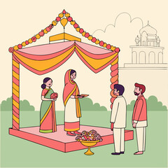 Indian Wedding Ceremony Illustration: Couple Getting Married Under a Colorful Mandap