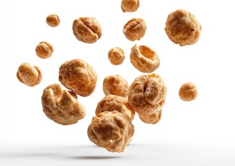 Light brown puffed snacks in mid-air
