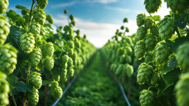Hop garden with green hops plants growing in rows on sunny day with blue sky. Agriculture and farming, concept. Hops cultivation and horticulture. The concept of agriculture technology.