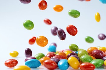 Colorful candies in motion against a white background