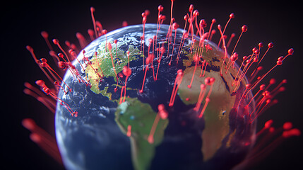 Global Map with Red Projections Representing Data Points or Outbreaks