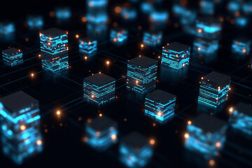 Structured blocks of glowing code forming a network, representing schema markup in SEO.