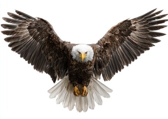 Obraz premium Bald eagle in flight, centered against white