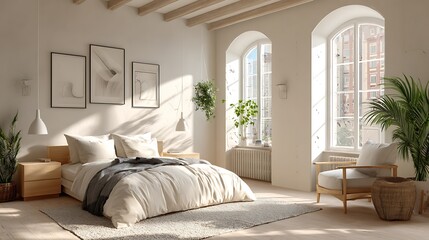 Scandinavian-style bedroom interior with white wooden furniture, soft lighting, large windows, 3D rendering illustration of modern home decor in light colors with minimalist design elements, posters o