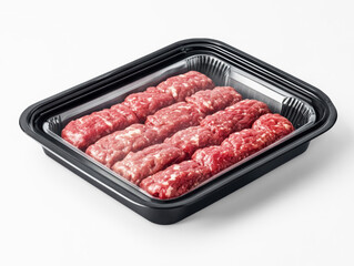 Fresh ground meat is neatly arranged in a black plastic tray, showcasing its vibrant red color and inviting texture, ideal for grilling, making burgers, or meatballs.