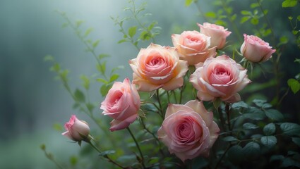 Obraz premium Cluster of pink roses in a garden setting with greenery and soft light. Nature and floral beauty, concept. Garden and nature photography. The concept of natural flowers and botanical beauty