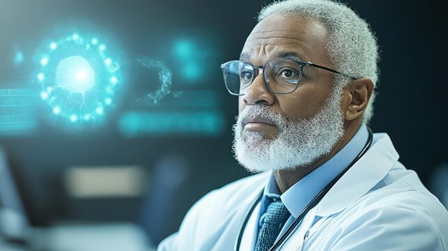 Senior doctor intently analyzing advanced medical technology and data in futuristic setting
