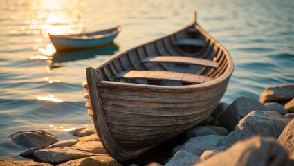 Obraz premium A wooden boat resting on rocks by the water during sunset.