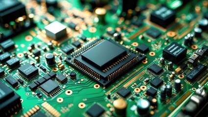 Close-up of a printed circuit board with an integrated circuit chip and electronic components.