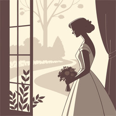 Silhouette of a Bride in a Beige Wedding Dress Gazing Out a Window at a Garden